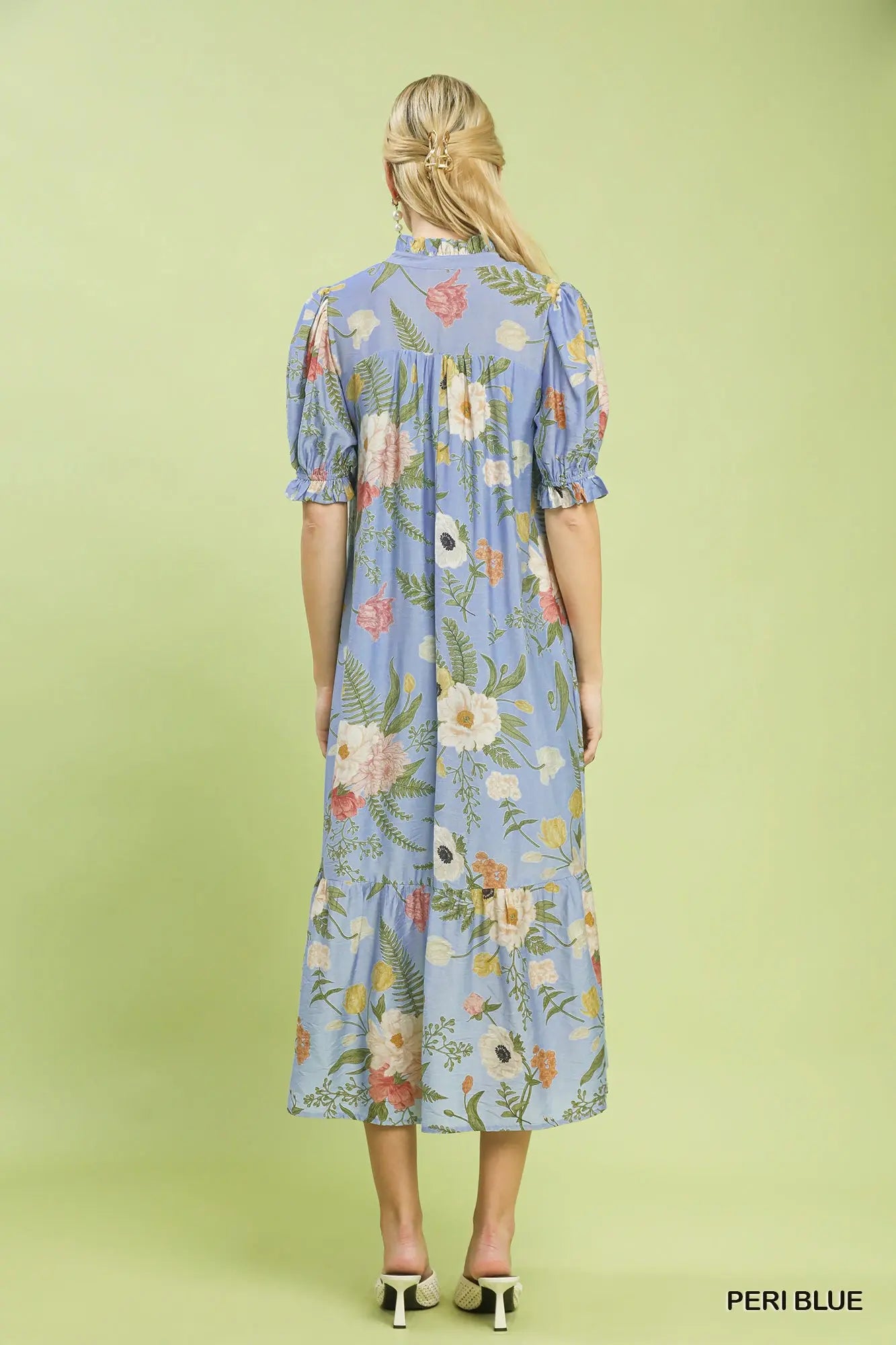 Blue Floral Smocked Midi Dress