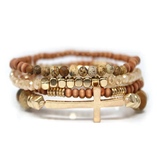 Brown Cross Beaded Stretch Bracelet Set
