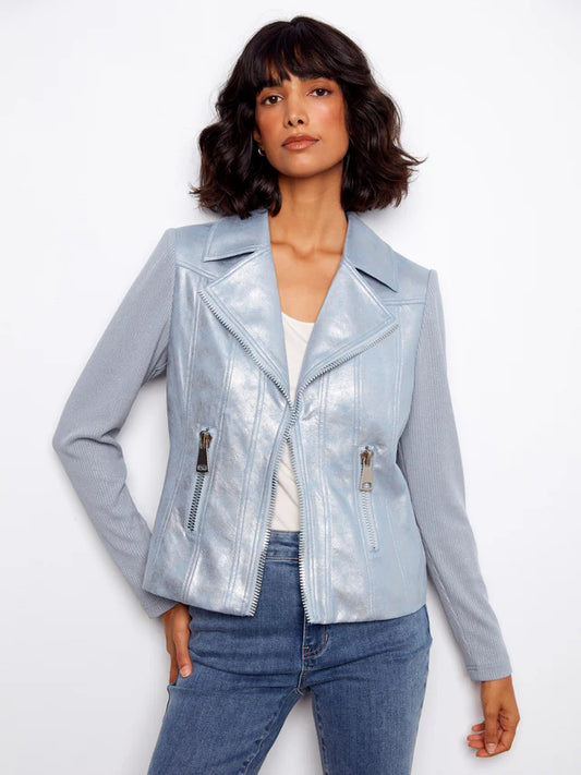 Foiled Faux Leather Rib Knit Jacket