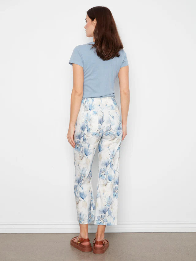 Charlie B Blue Floral Linen Cropped Wide Leg Pant