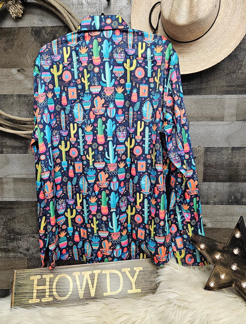 Crazy Cactus Lady Western Button Up Shirt - Small