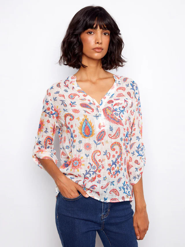 Cotton Gauze Half-Button Blouse - Festive