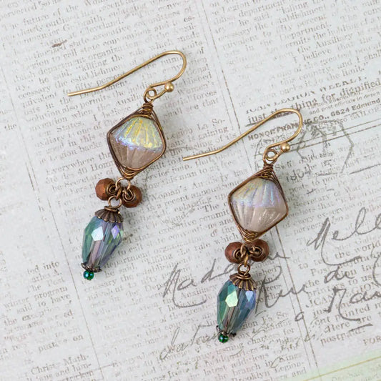 Czech Glass, Crystal Dangle Herringbone Earrings