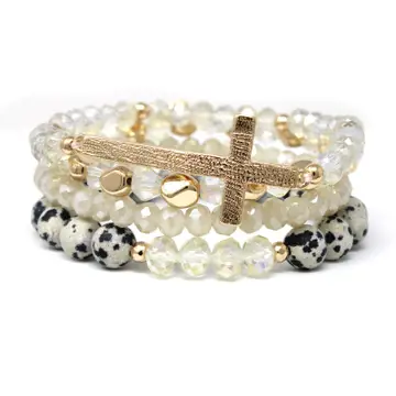 Dalmatian Stone Cross Stretch Bracelet Set