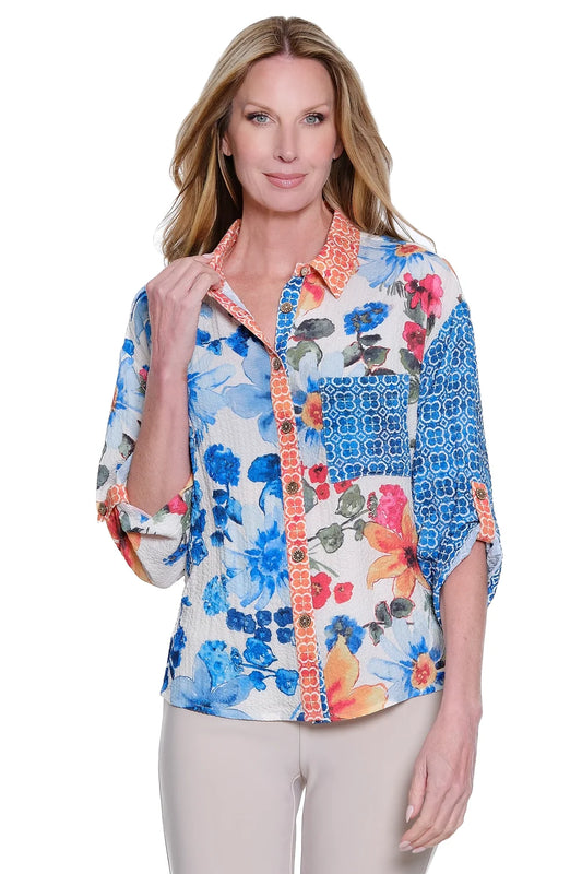 Ali Miles Floral Button Front Top - Floral Multi