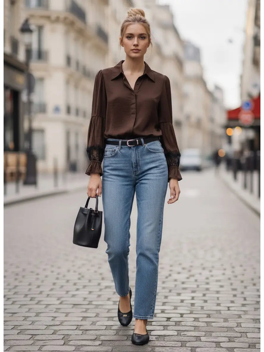 Vava Mila Lace Insert Long Sleeve Blouse