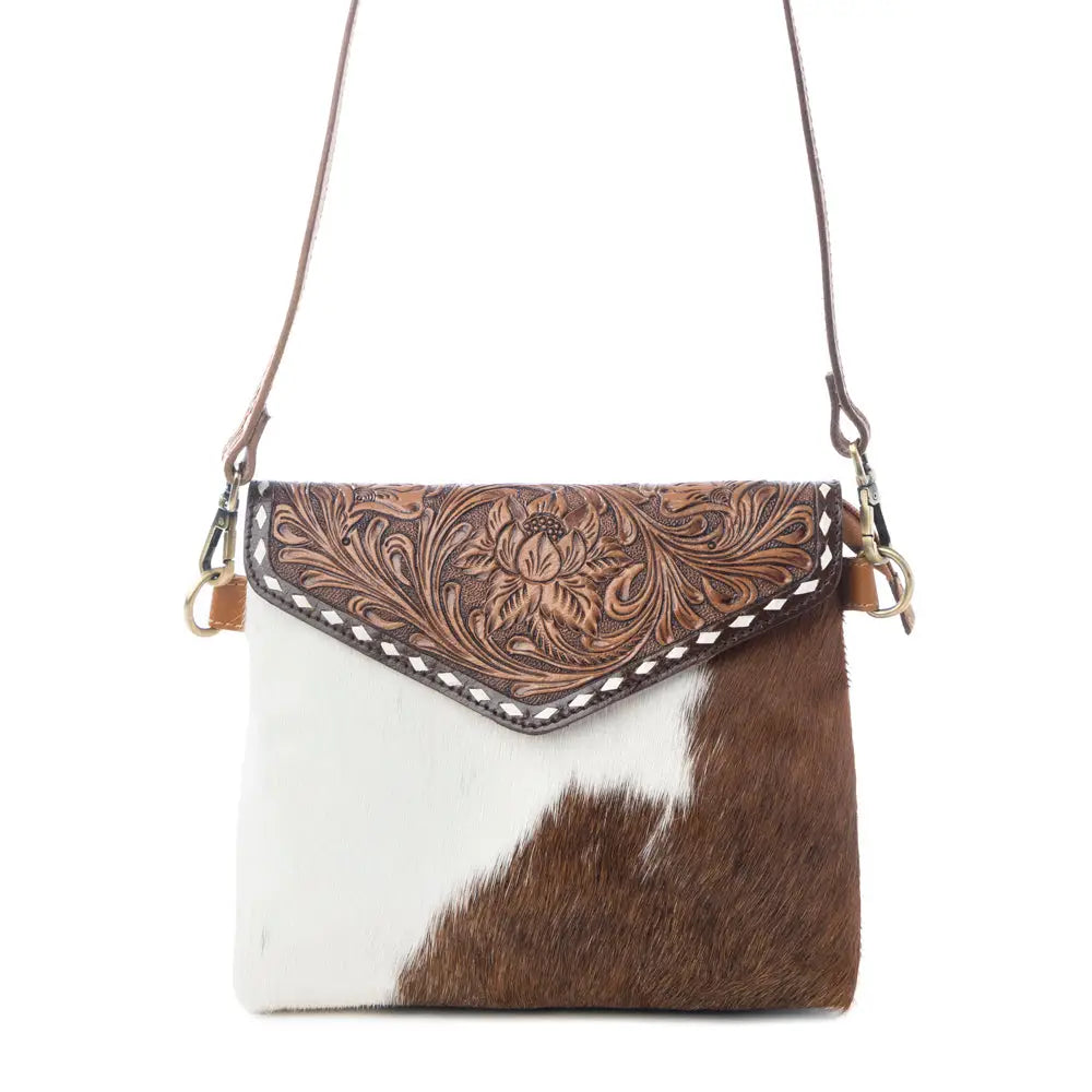 Myra Bag - Dune Lily Handtooled Hairon Leather Bag in Snowdrift Hide