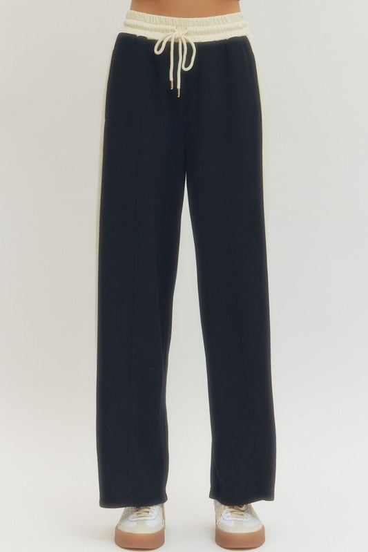 Contrast Waist Wide Leg Knit Pants