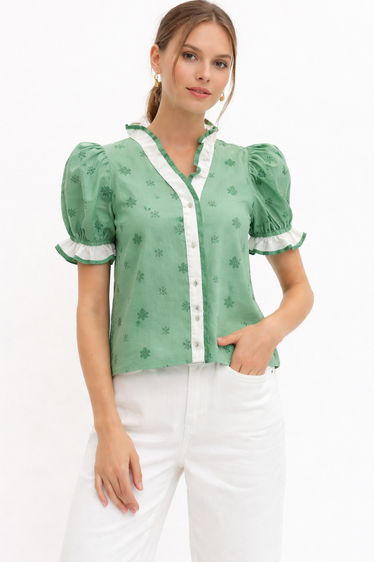 Gingham Embroidered Puff Sleeve Top
