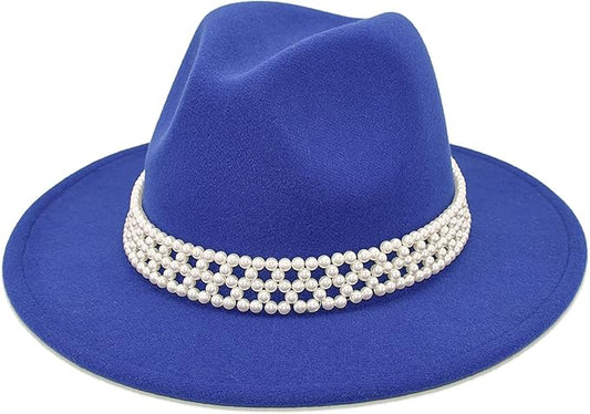 Womens Wide Brim Fedora Hat with Pearl Band