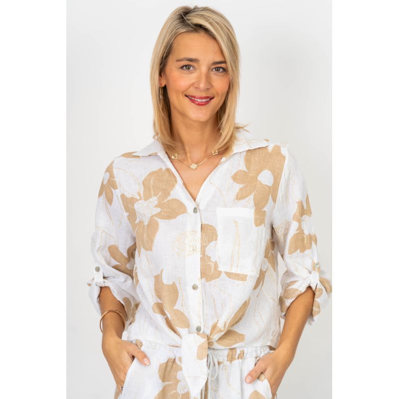 Floral Print Tie-Front Linen Shirt – Made in Italy
