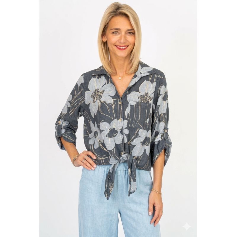 Floral Print Tie-Front Linen Shirt