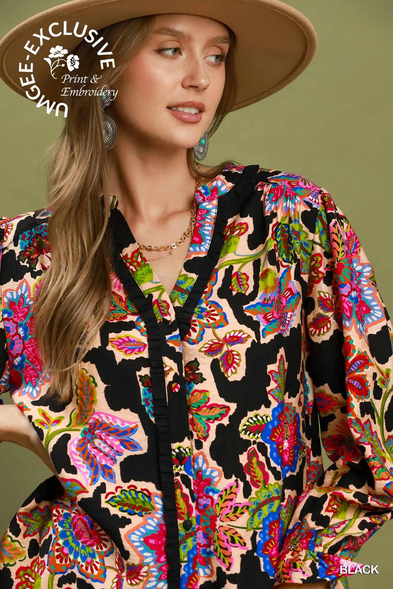 Mixed Floral Print Button Down Blouse