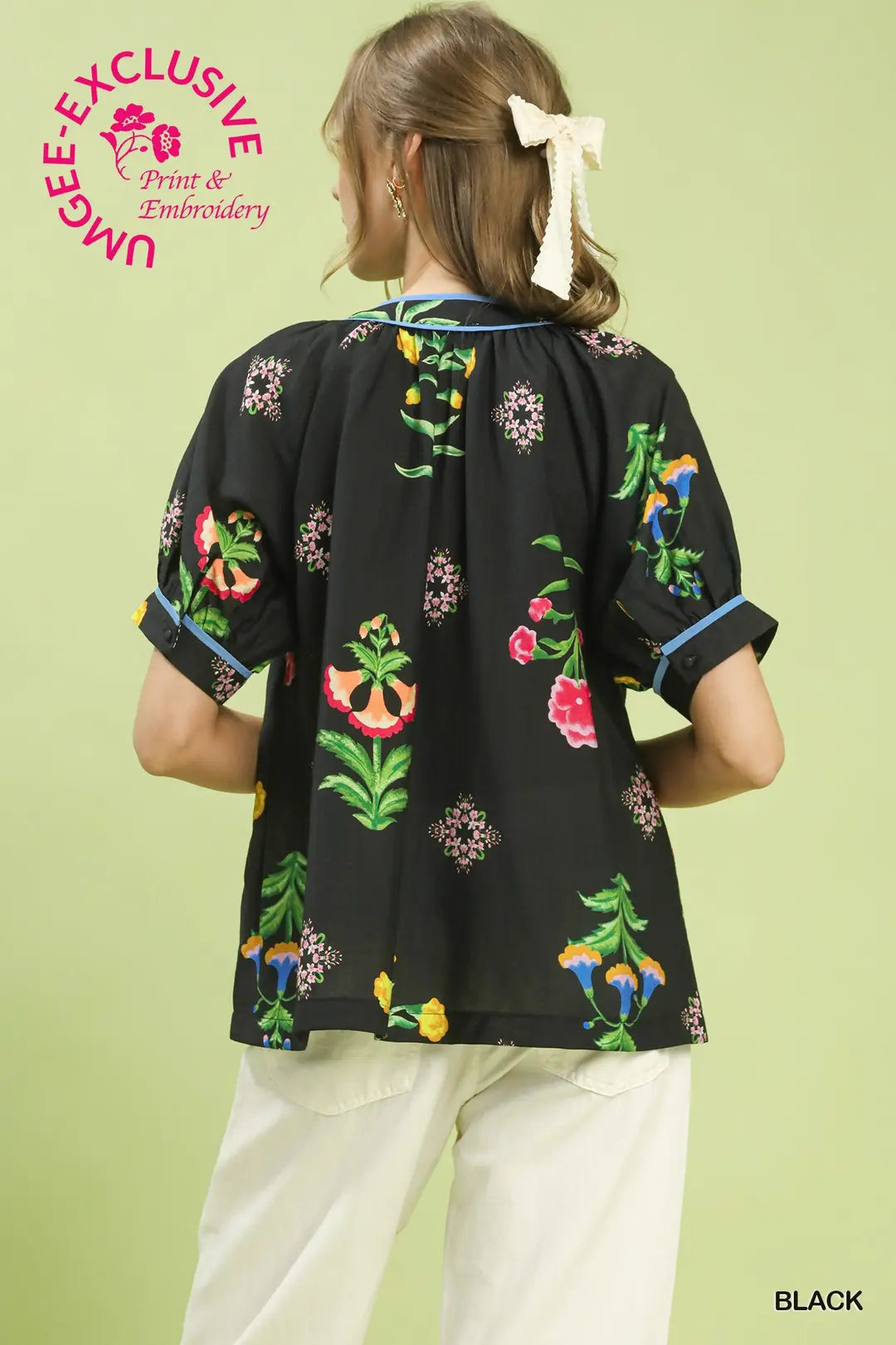 Botanical Print Contrast Trim Button Blouse