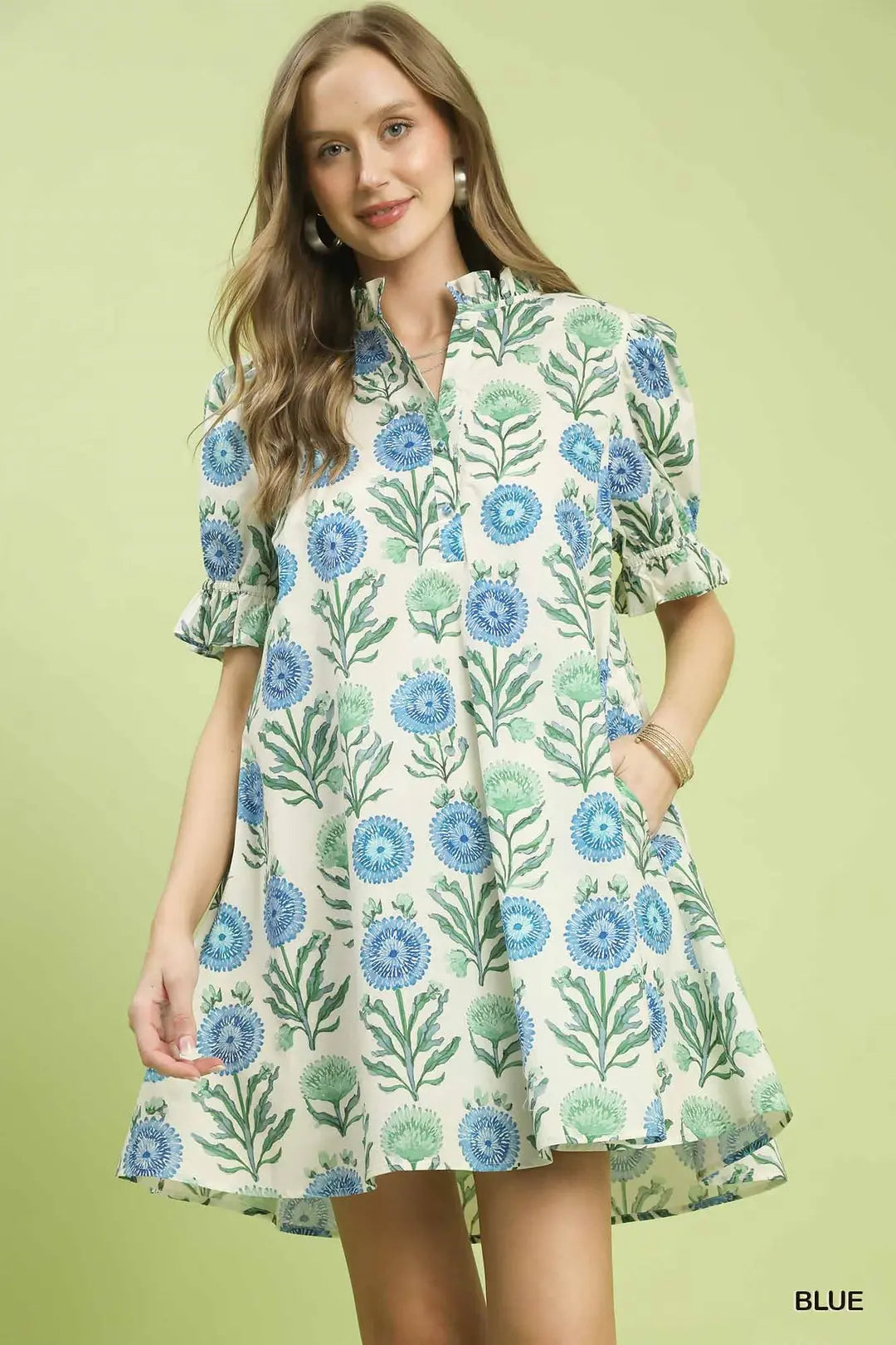 Blue Floral Puff Sleeve Dress