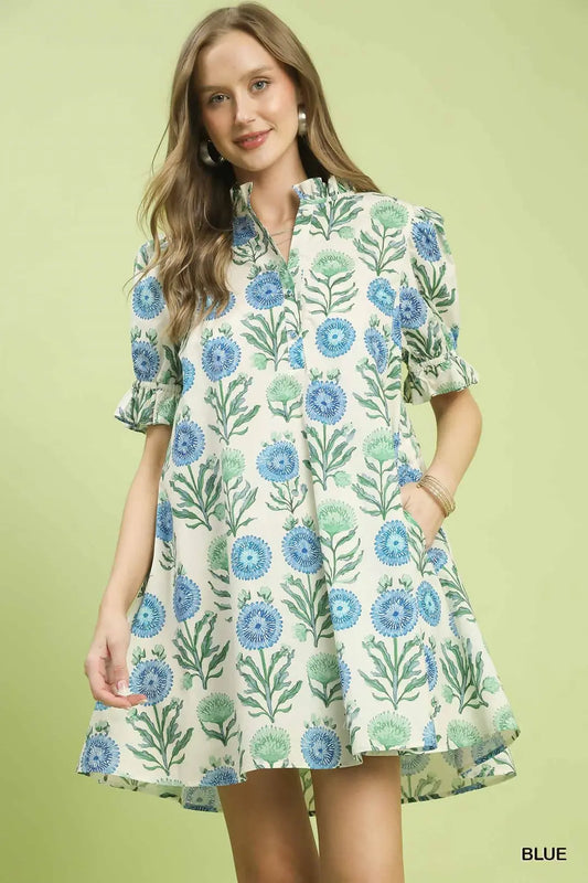 Blue Floral Puff Sleeve Dress