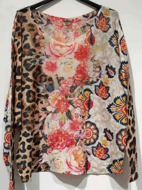 Leopard Floral Round Neck Knit Printed Sweater