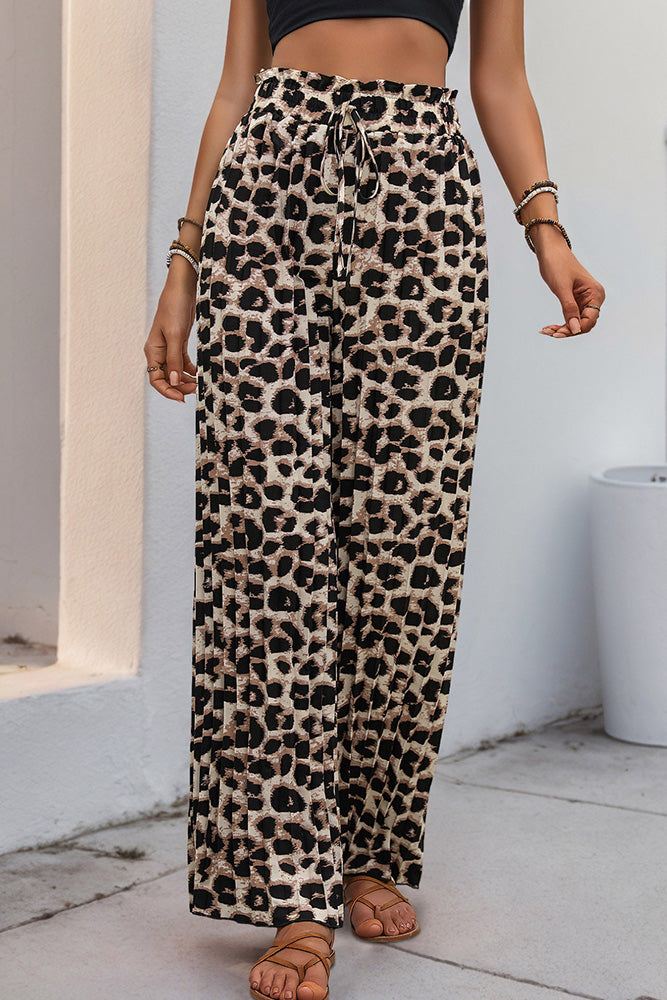 Leopard Print Pleated Wide-Leg Pants - Large