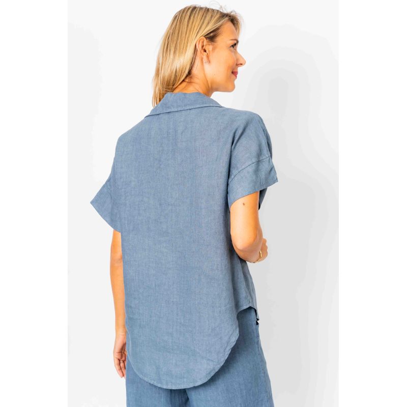 Linen Button Up Short Sleeve Top Blue Jean L/XL