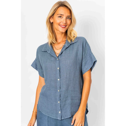 Linen Button Up Short Sleeve Top Blue Jean S/M