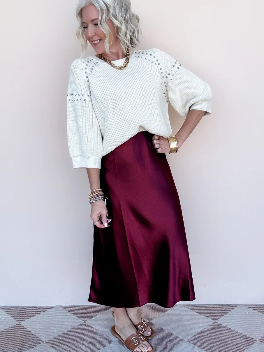 Hem & Thread Silky Midi Skirt - Burgundy