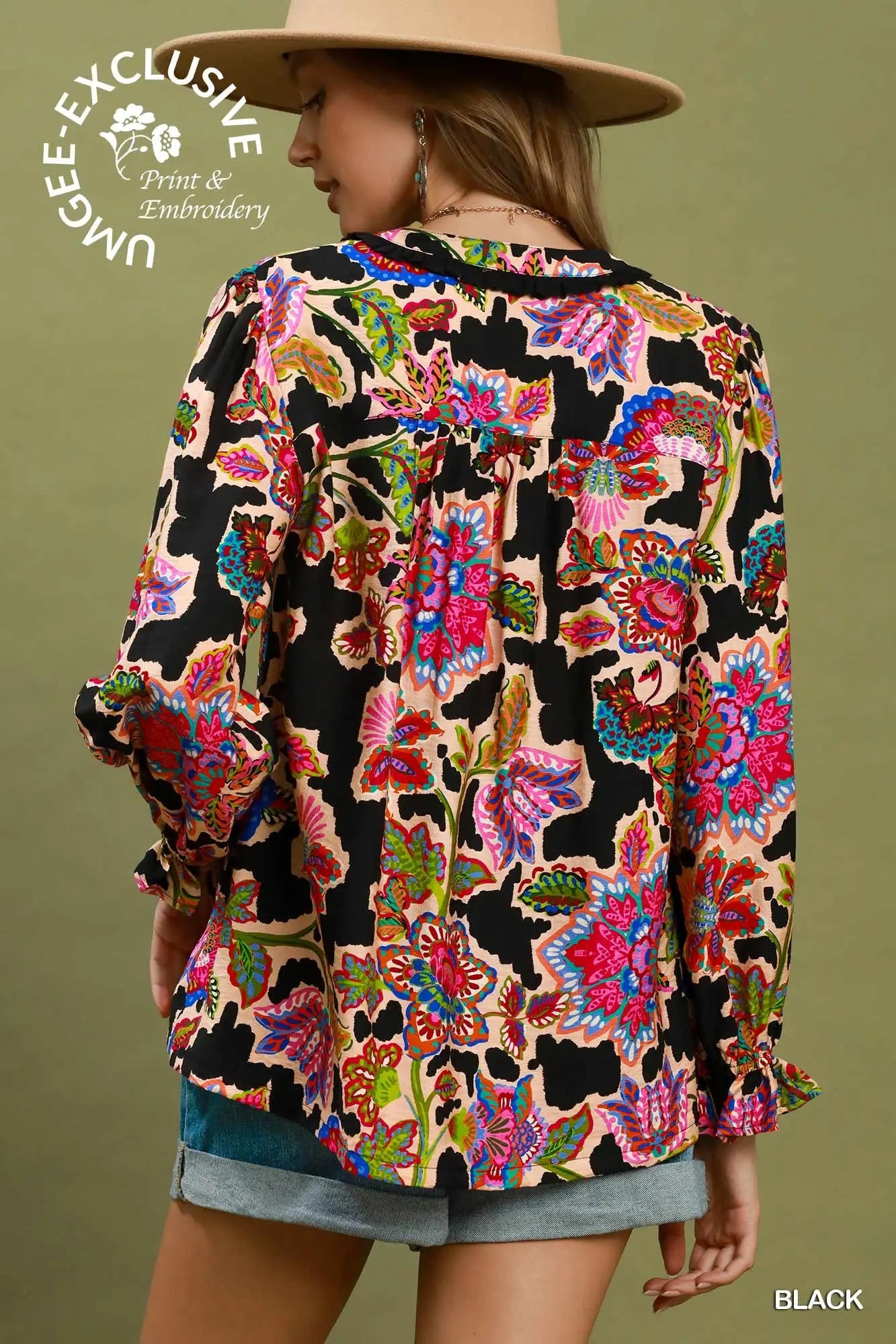 Mixed Floral Print Button Down Blouse