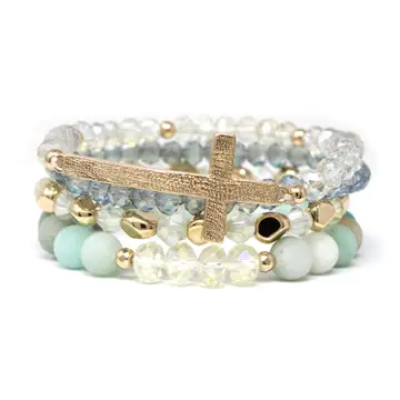 Light Blue Cross Beaded Stretch Bracelet Set
