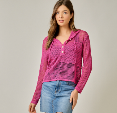 Crochet Weave Hoodie Sweater – Fuchsia