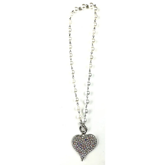 Silver Pearl Necklace with Toggle Clasp and Rhinestone Heart