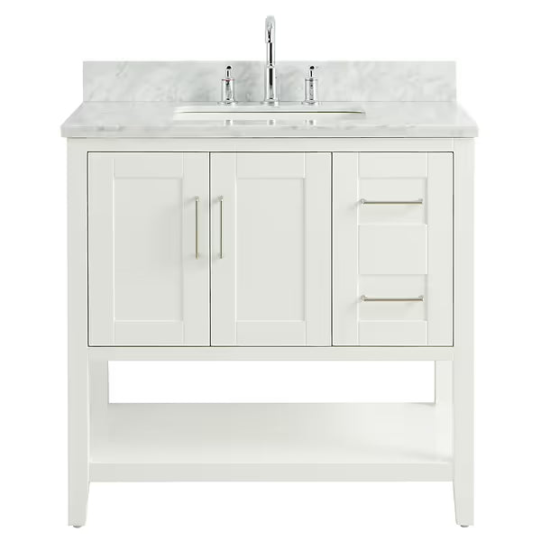 36" White Vanity with Carrara Marble Top and Ceramic Basin