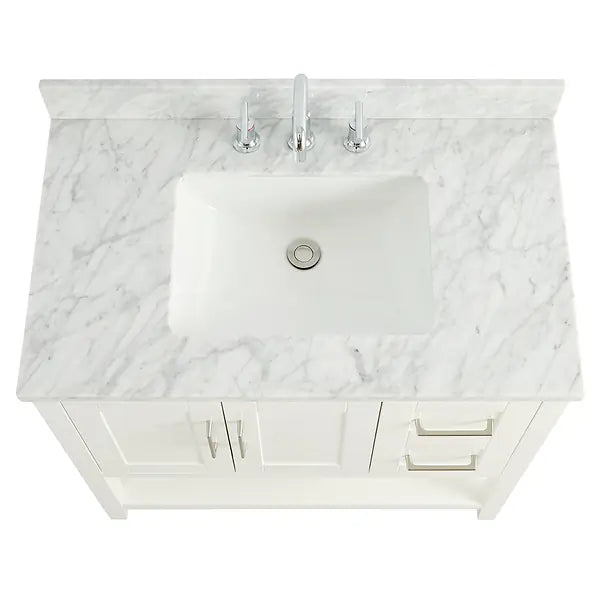36" White Vanity with Carrara Marble Top and Ceramic Basin