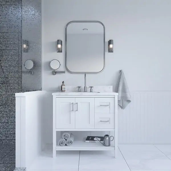36" White Vanity with Carrara Marble Top and Ceramic Basin