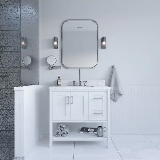 36" White Vanity with Carrara Marble Top and Ceramic Basin