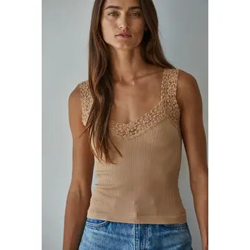 Knit Seamless Ribbed Cami with Lace Trim SM