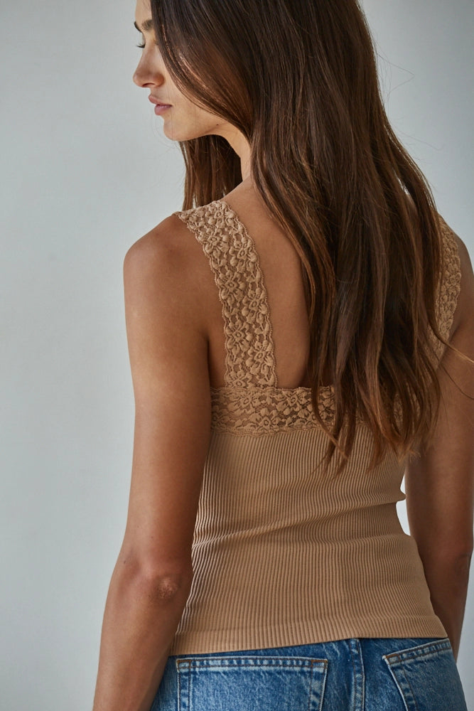 Knit Seamless Ribbed Cami with Lace Trim SM