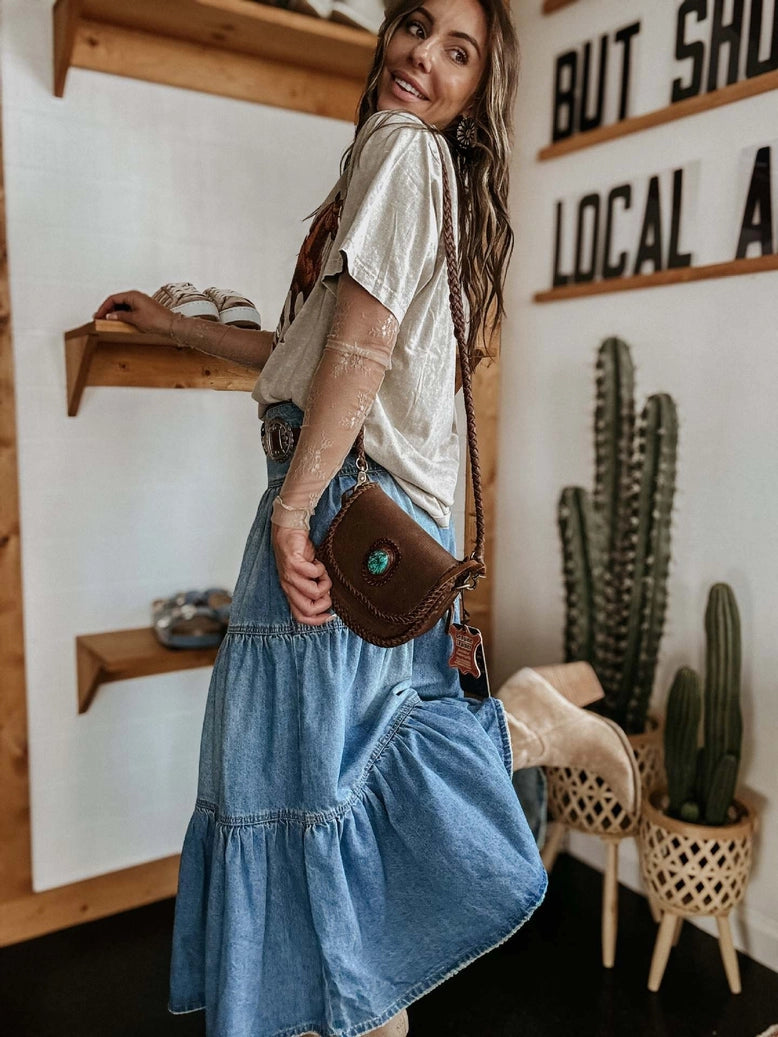 Bohemian Tiered Denim Skirt A-Line - Medium