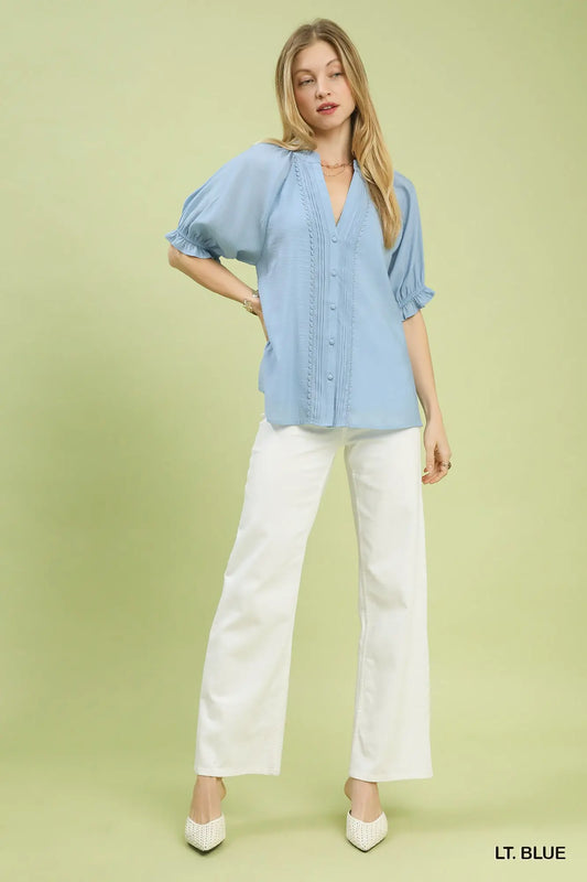Lace Trim Puff Sleeve Blouse