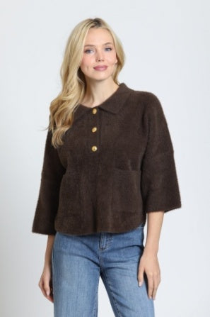 APNY - Fuzzy Yarn Pocket Polo Top