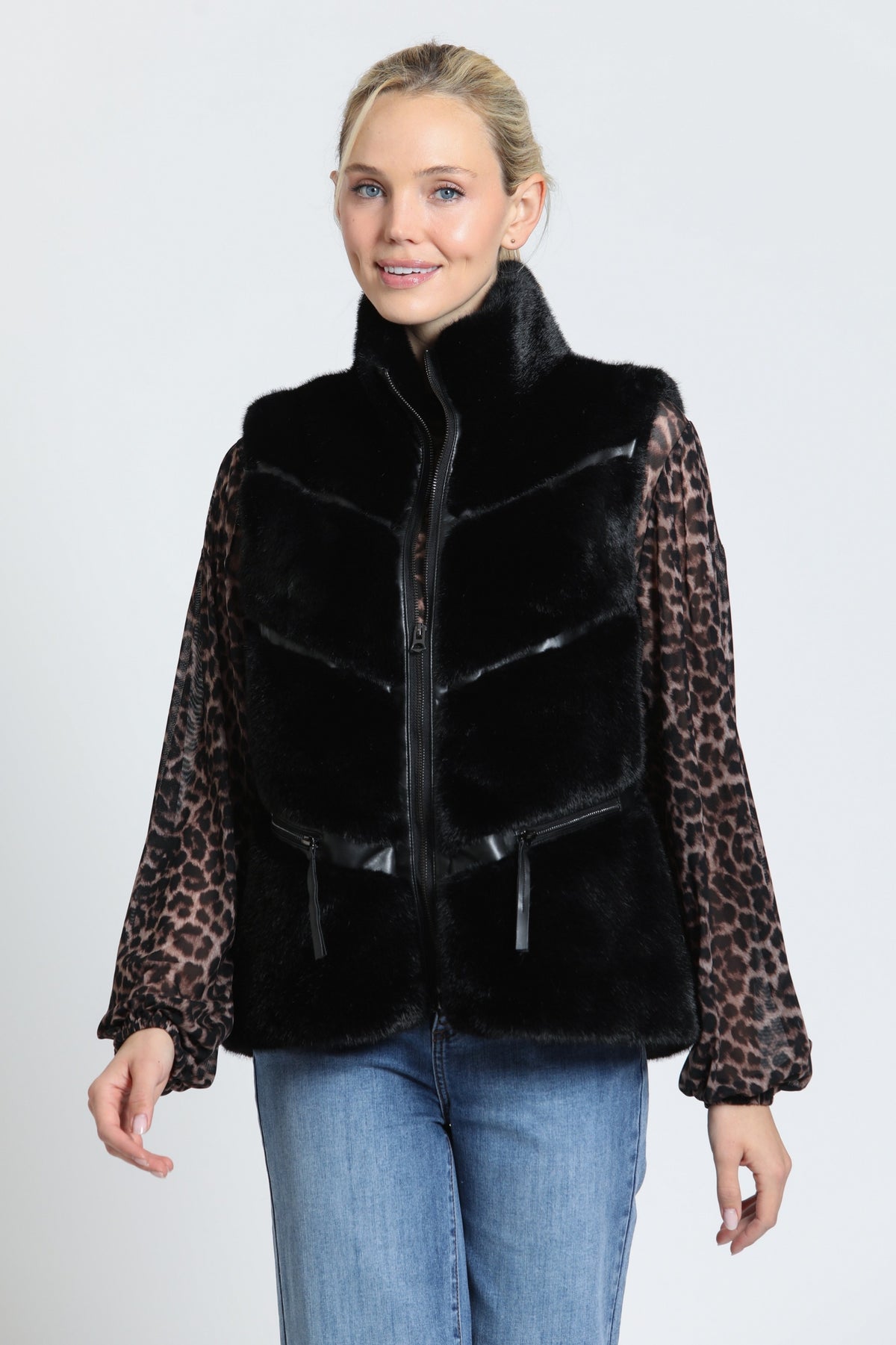 APNY – Black Chevron Panel Faux Fur Vest