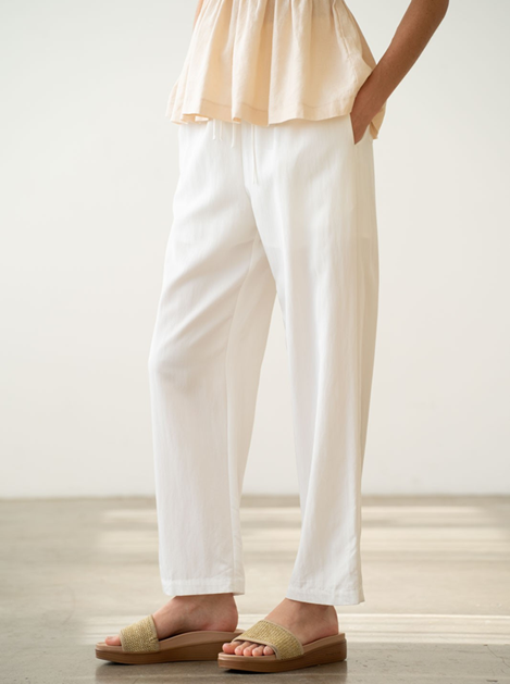 Drawstring Linen-Blend Pants White