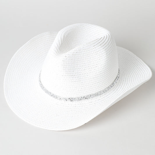 Rhinestone Band Straw Panama Cowboy Hat White