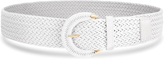 Woven Round Buckle White Belt