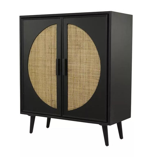Black Wood and Cane Geometric Cabinet