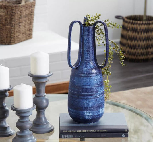 Blue Ceramic Vase with Handles (7"x7"x17")