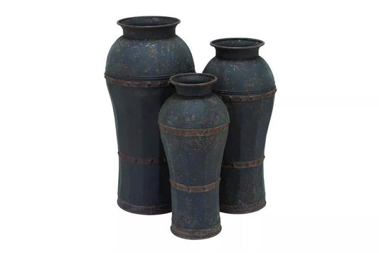 Brown Metal Distressed Vase with Rivet Details, Set of 3