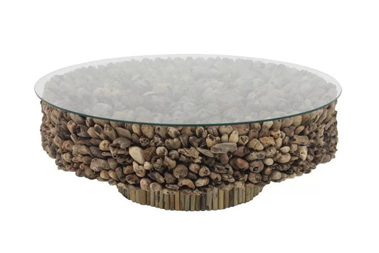 Driftwood Collage Pedestal Base Coffee Table with Tempered Glass Top