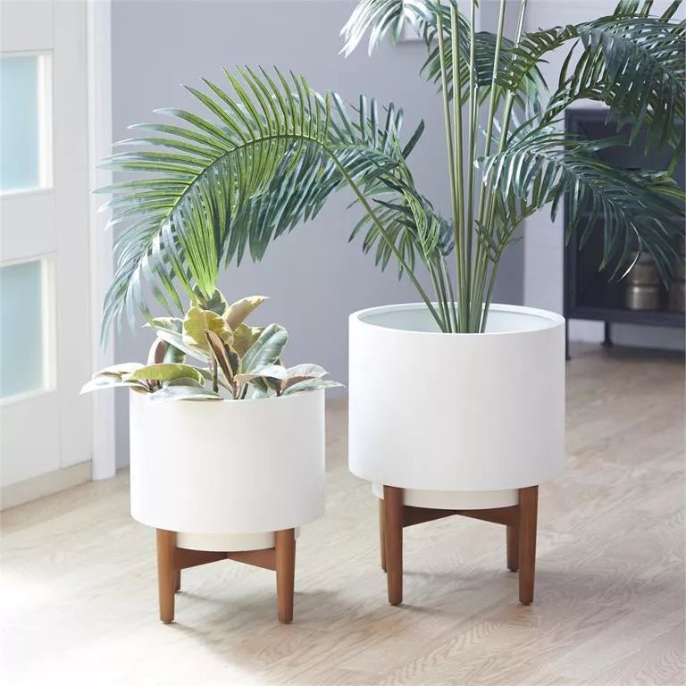 wood and metal indoor planter Indoor/Outdoor White Metal Planter with Removable Wood Stand