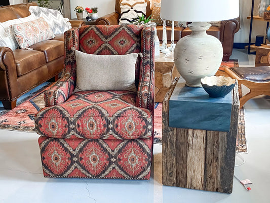 Red Orange Gold Aztec Print Nailhead Swivel Accent Arm Chair