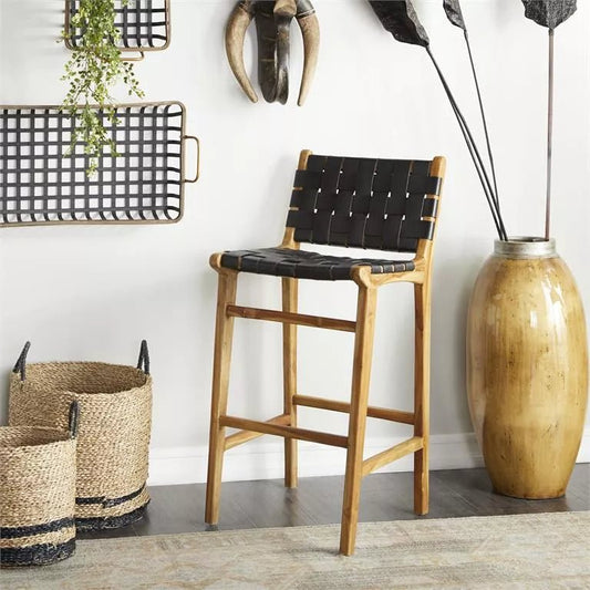 Teak Wood And Leather Bar Stool