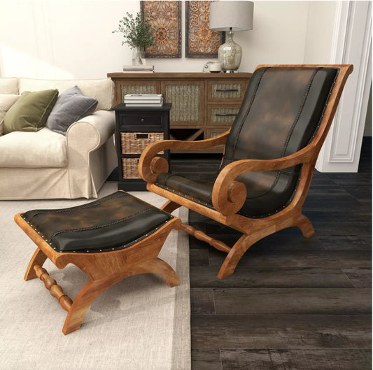 Wooden Upholstered Leather Armchair with Ottoman